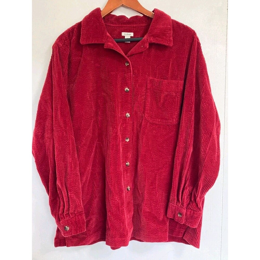 LL Bean Shirt Womens XL Red Corduroy Button Down Cotton Long Sleeve Outdoor